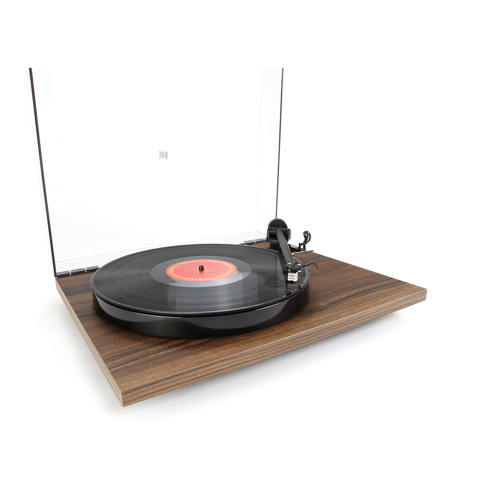 rega planar 1 noyer vue de coté avec capot ouvert