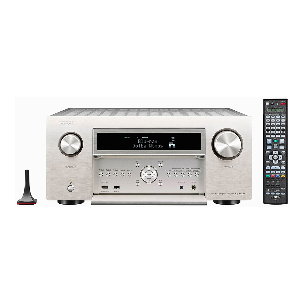 Denon AVC X8500HA silver vue de face avec correction de piece et télécommande