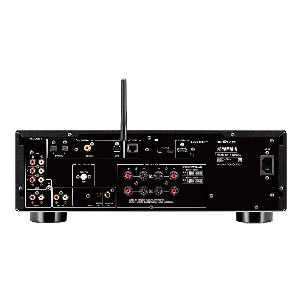 Panneau arrière de l'amplificateur intégré Yamaha R-N1000A montrant les connectiques
