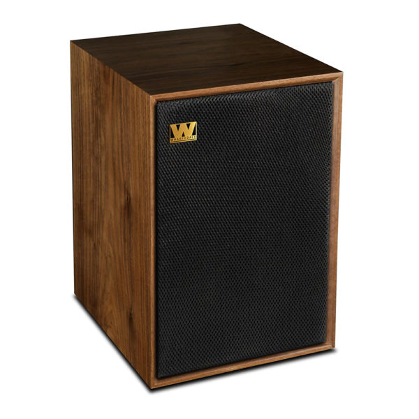 enceinte bibliothèque Wharfedale Denton 85 noyer vue oblique droite avec grille