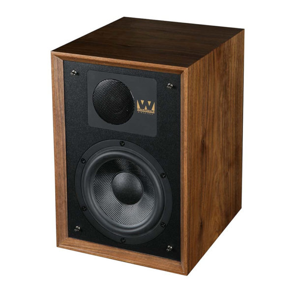 enceinte bibliothèque Wharfedale Denton 85 noyer vue oblique gauche