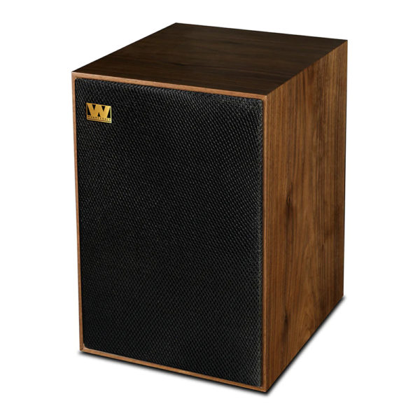 enceinte bibliothèque Wharfedale Denton 85 noyer vue oblique gauche avec grille