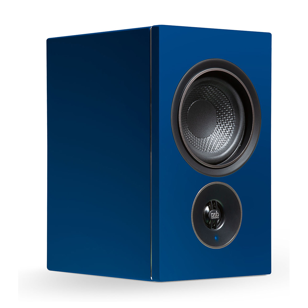 Enceintes PSB Speakers Alpha iQ bleu minuit vue de coté
