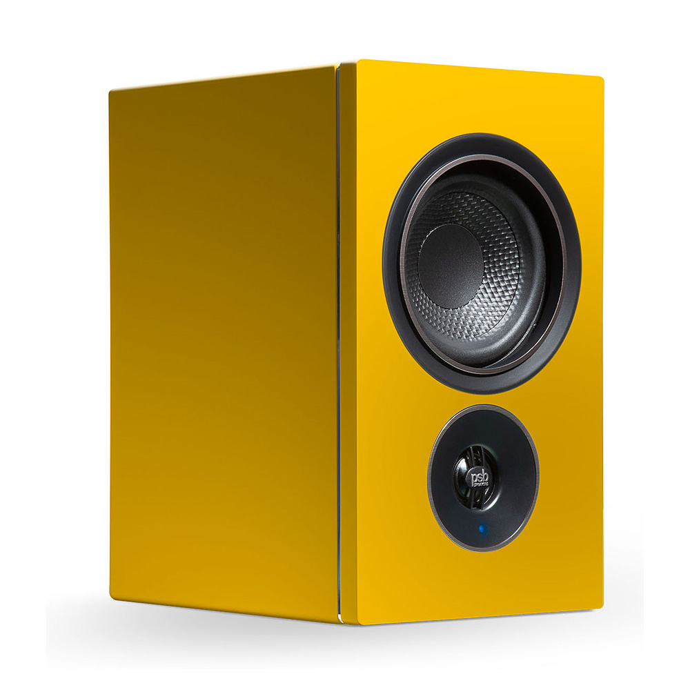 Enceintes PSB Speakers Alpha iQ jaune tangerine vue de coté