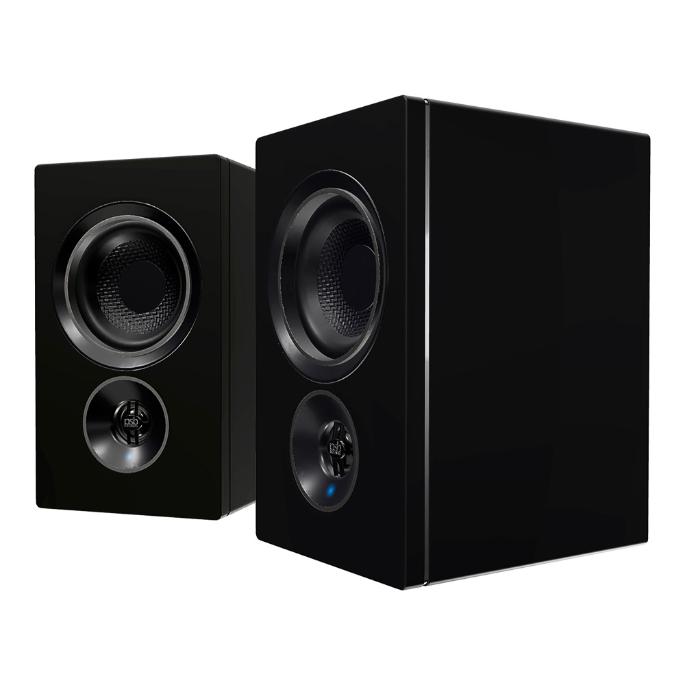 Enceintes bibliothèque PSB Speakers Alpha iQ noir mat vues de coté