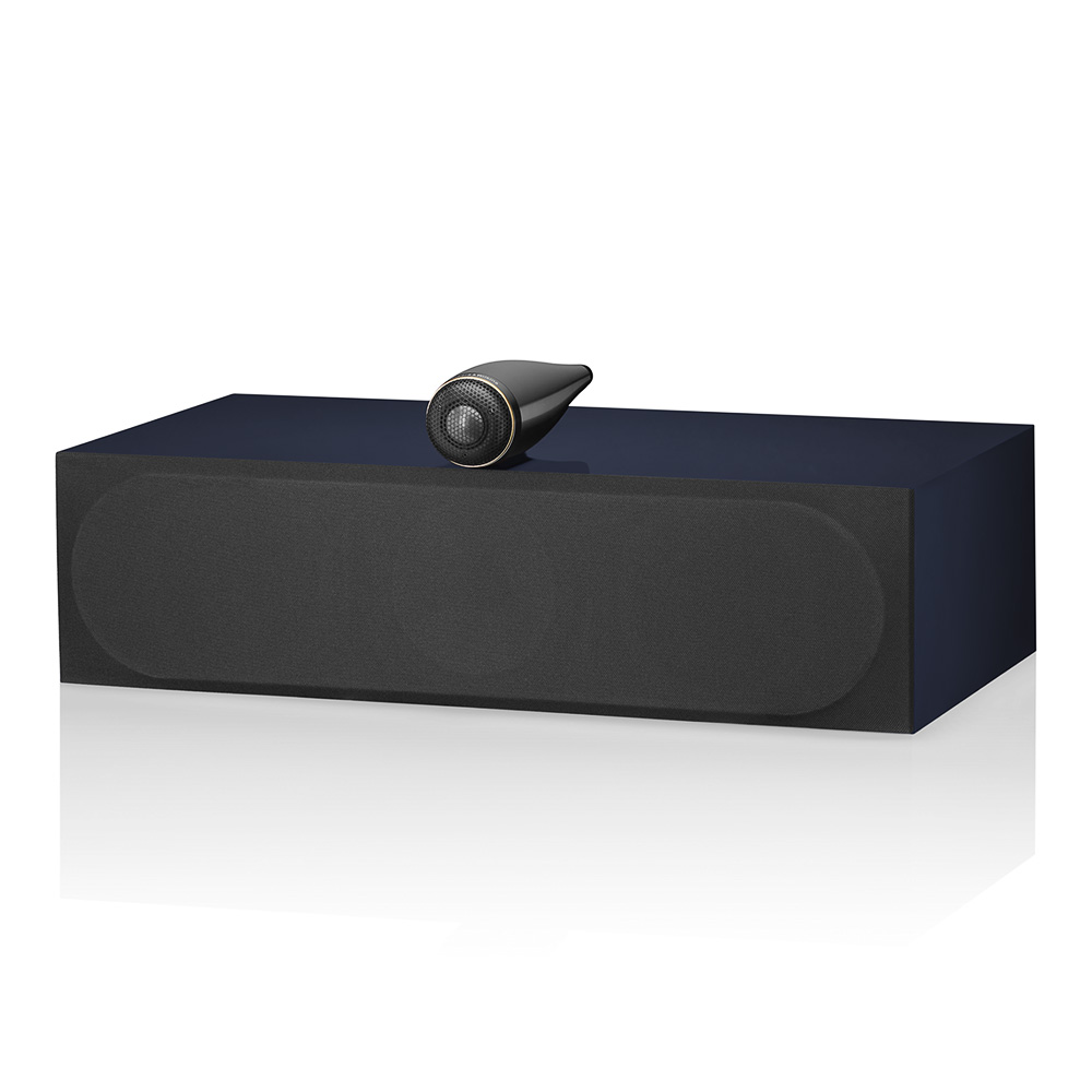 Enceinte centrale Bowers & Wilkins HTM71 S3 Signature vue oblique finition Midnight Blue Metallic avec grille