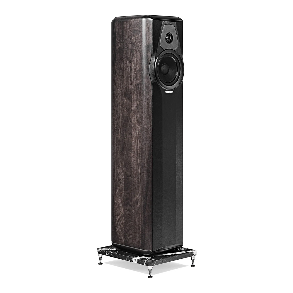 Enceinte colonne Sonus faber Maxima Amator vue de coté finition noyer massif graphite