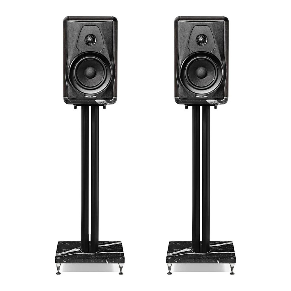 Enceintes bibliothèque Sonus faber Electa Amator III sur pied face avant finition noyer massif graphite