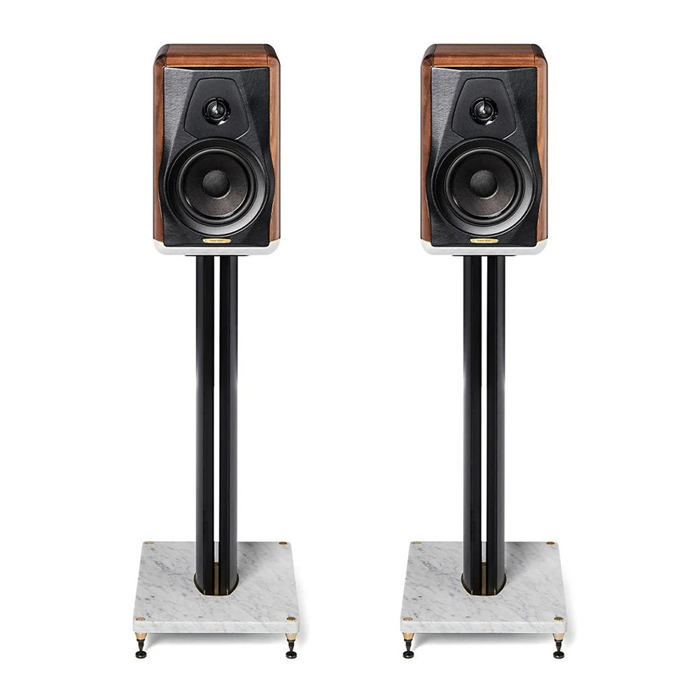 Enceintes bibliothèque Sonus faber Electa Amator III sur pied face avant finition noyer massif