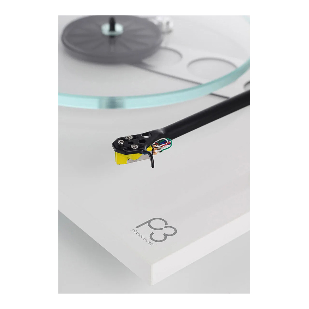 Rega Planar 3 blanc laqué vue de coté avec cellule Exact MM