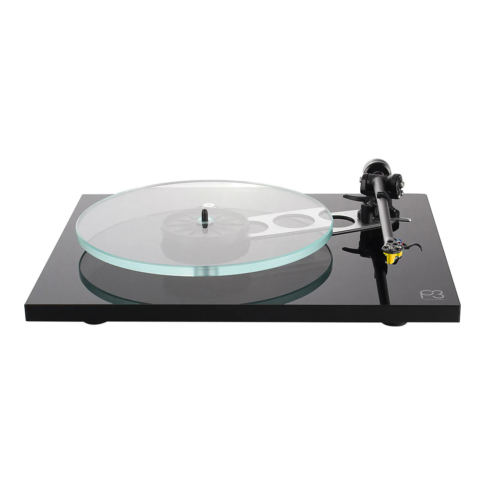 Rega Planar 3 noir laqué vue de face avec la cellule Exact MM