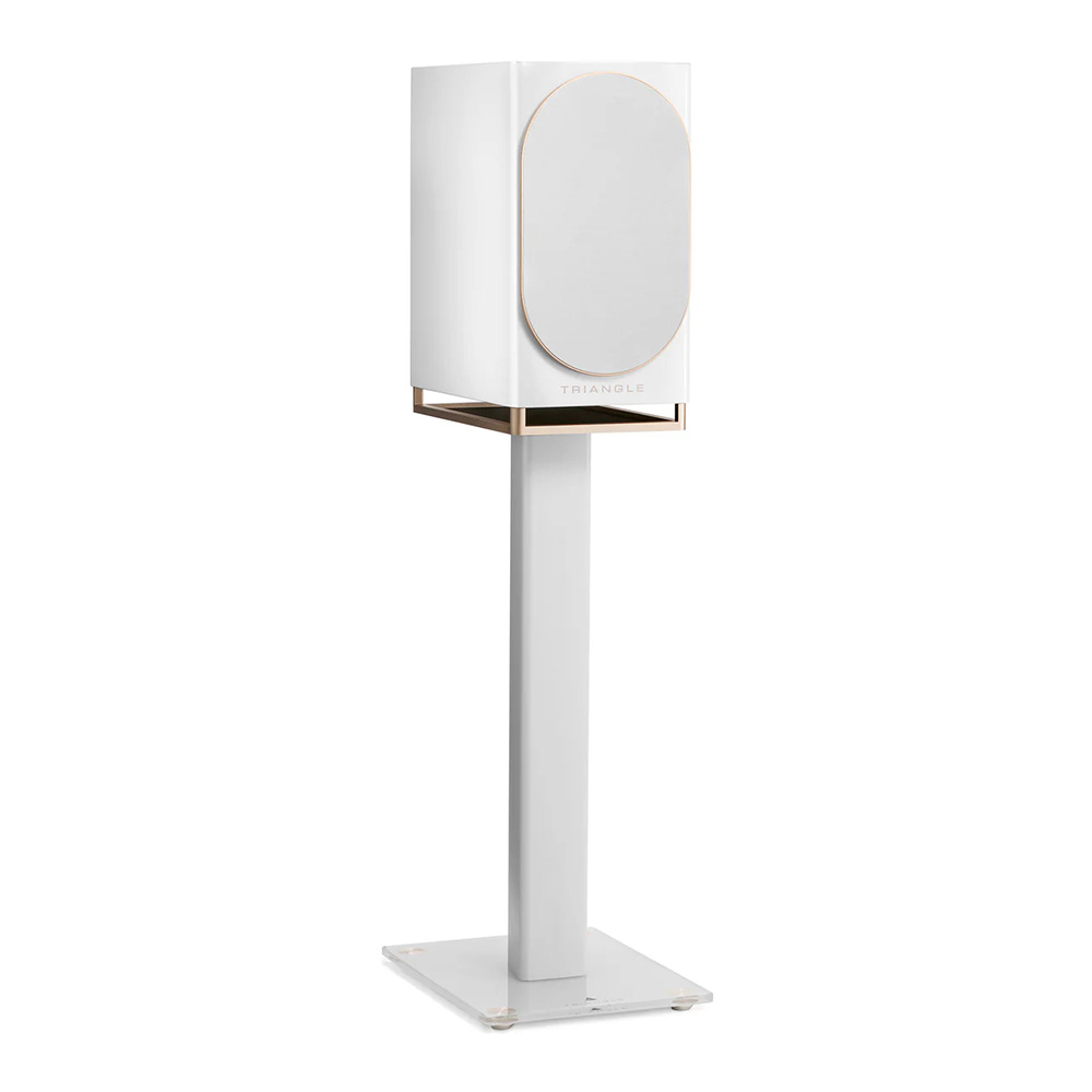 Enceintes Triangle Capella finition blanc sidéral sur pied avec grille