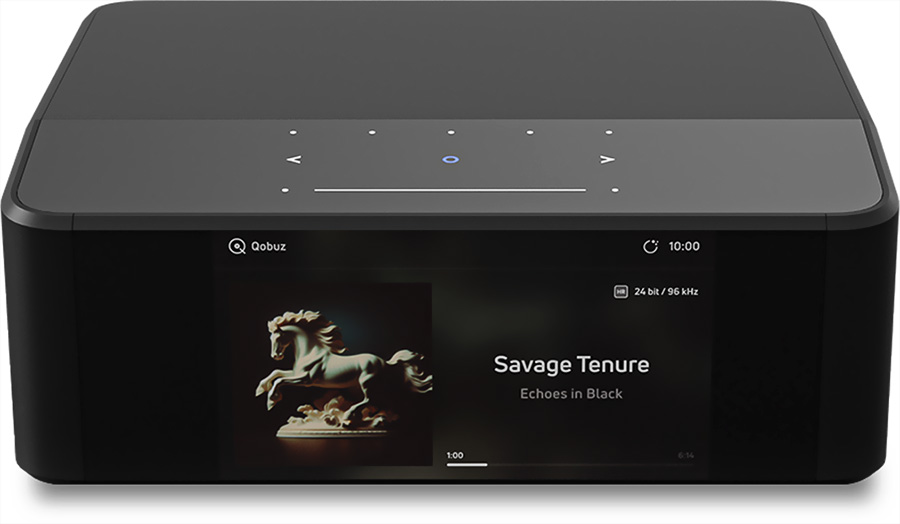 Châssis en aluminium du Bluesound NODE ICON avec écran tactile et commandes intuitives