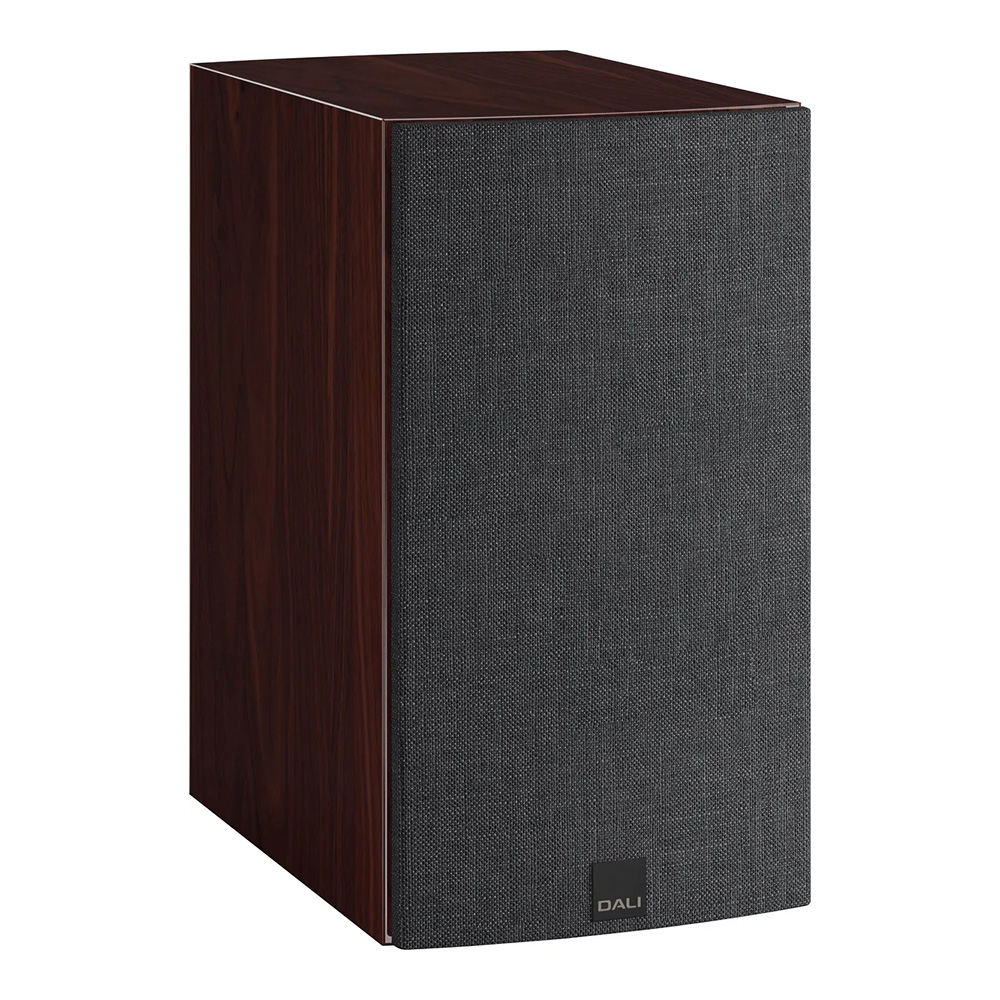 Enceinte bibliothèque Dali Rubikore 2 Merisier rouge laqué vue oblique droite avec grille finition Shadow Black