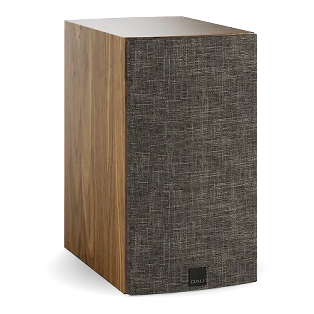 Enceinte bibliothèque Dali Rubikore 2 Noyer vue oblique droite avec grille finition Smokey Brown