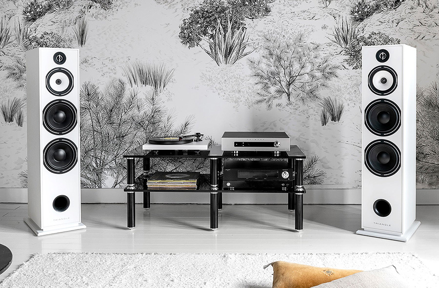 Enceintes colonnes Triangle Borea BR10 blanches dans un intérieur