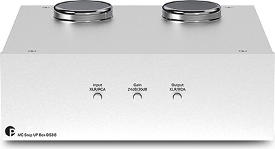 panneau avant du Pro ject MC Step Up Box DS3 B avec options de gain